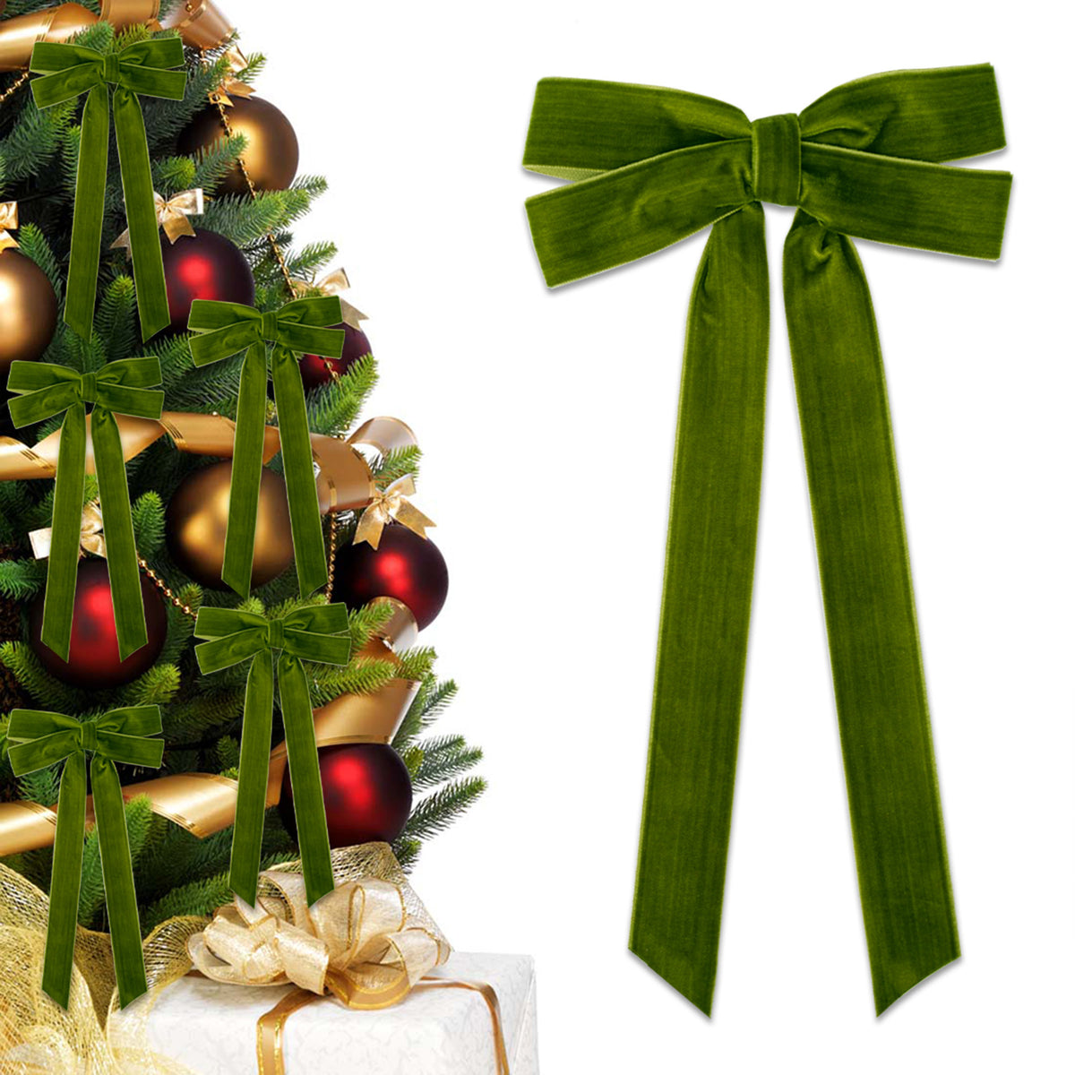 Velvet Christmas Tree Bow with Long Ribbon Tails - OliveGreen
