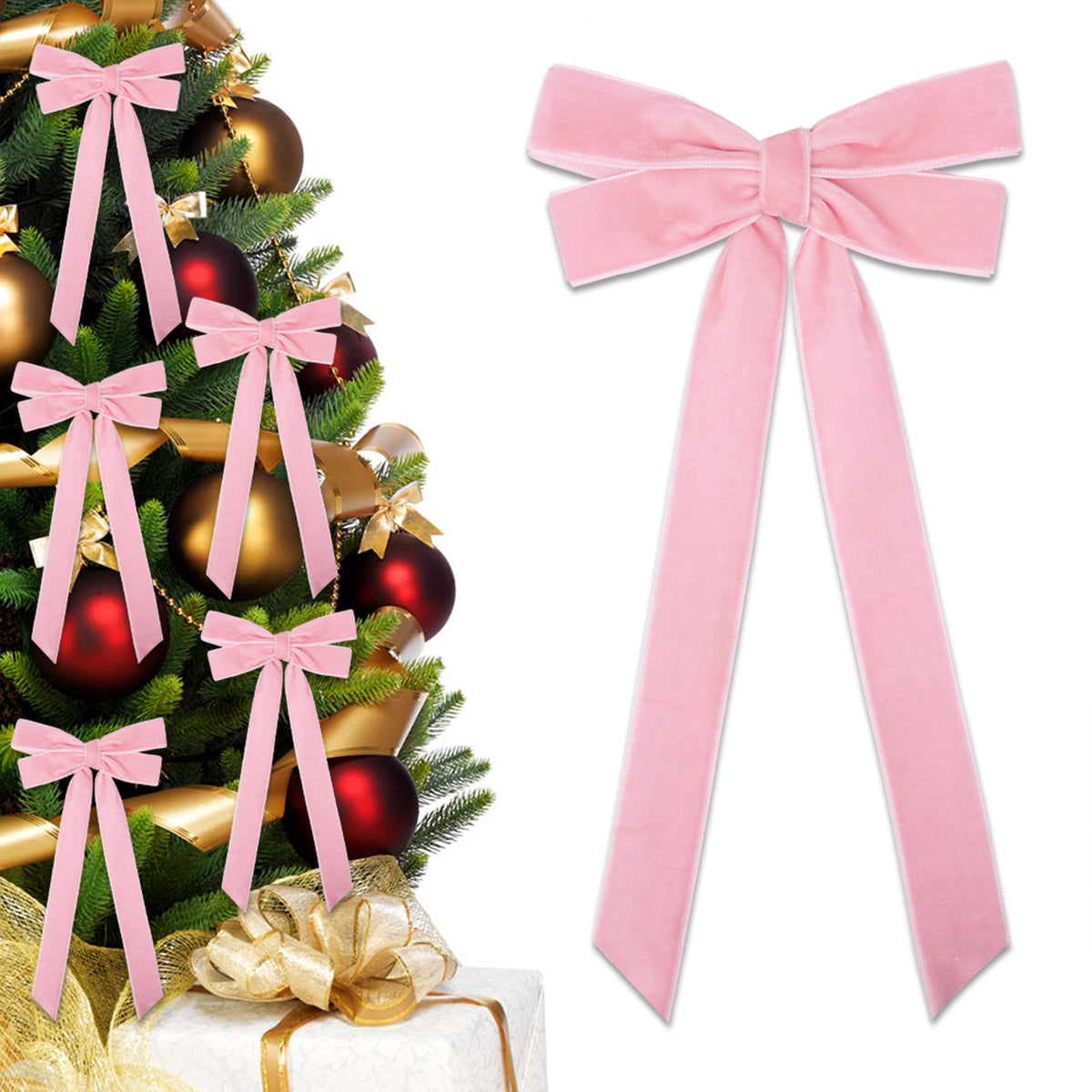 Velvet Christmas Tree Bow with Long Ribbon Tails - Pink
