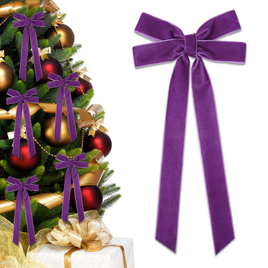 Velvet Christmas Tree Bow with Long Ribbon Tails - Purple