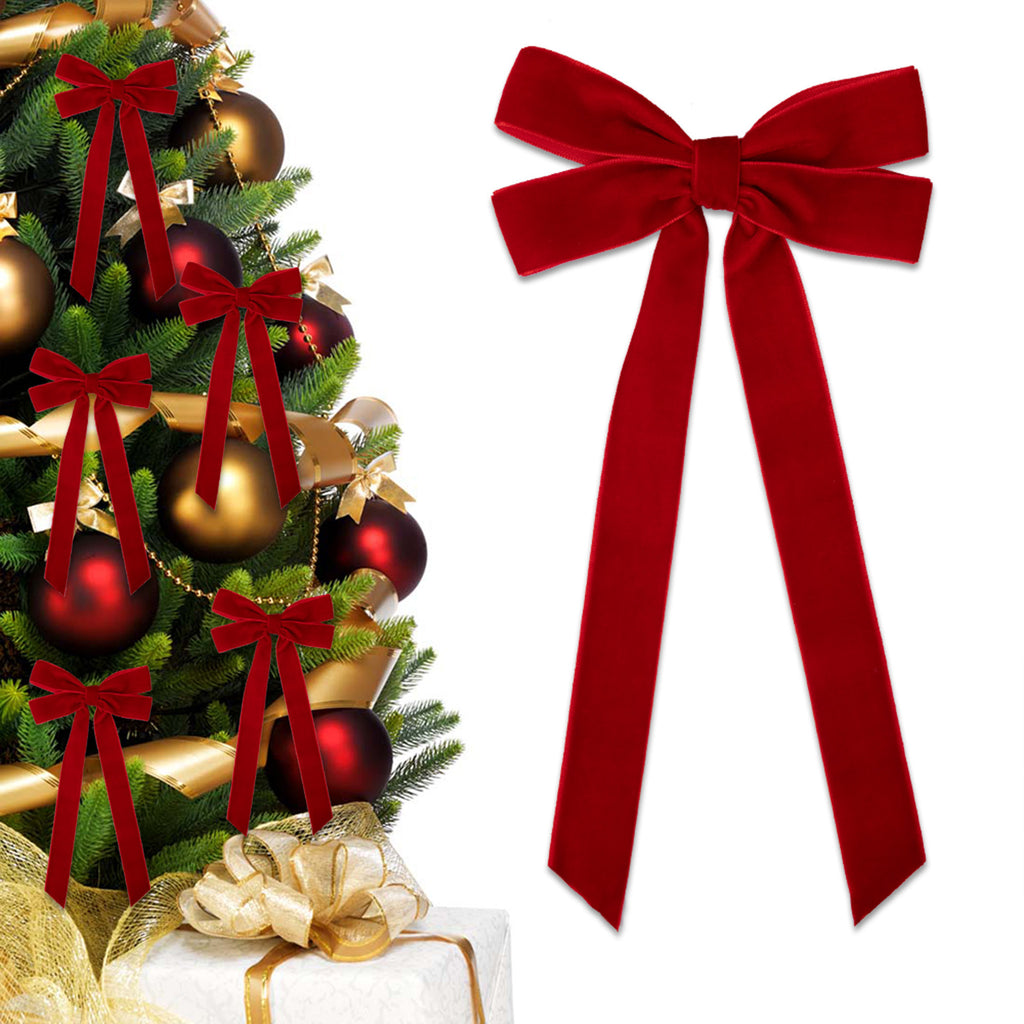 Velvet Christmas Tree Bow with Long Ribbon Tails - Red