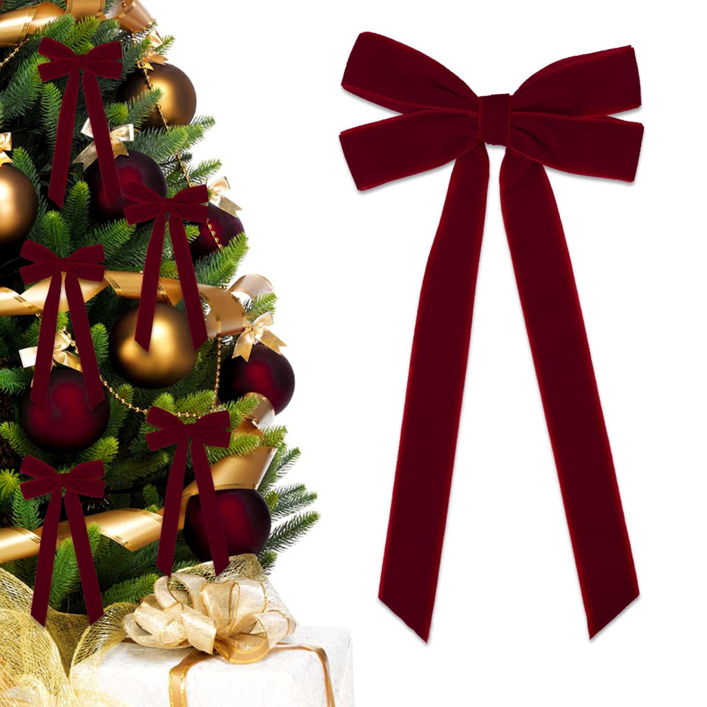 Velvet Christmas Tree Bow with Long Ribbon Tails - WineRed