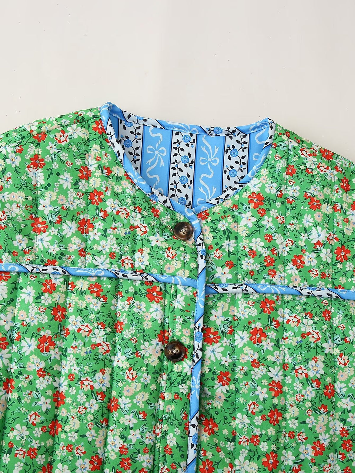 Ditsy Floral Quilted Jacket With Ribbon Trim - Green - 1