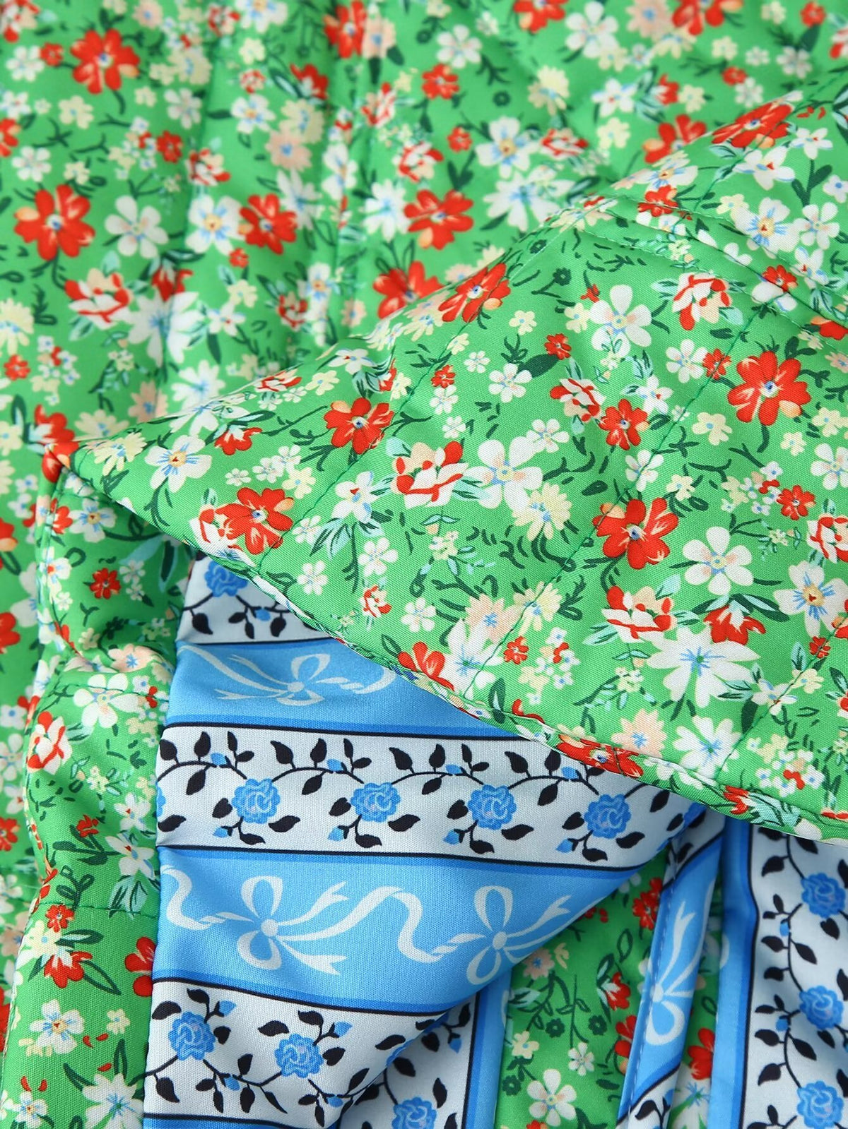 Ditsy Floral Quilted Jacket With Ribbon Trim - Green - 12
