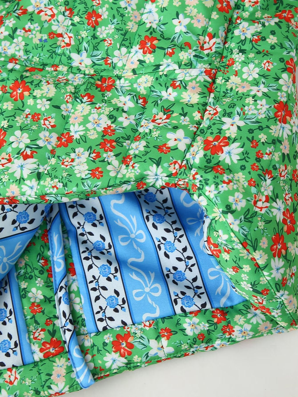 Ditsy Floral Quilted Jacket With Ribbon Trim - Green - 13