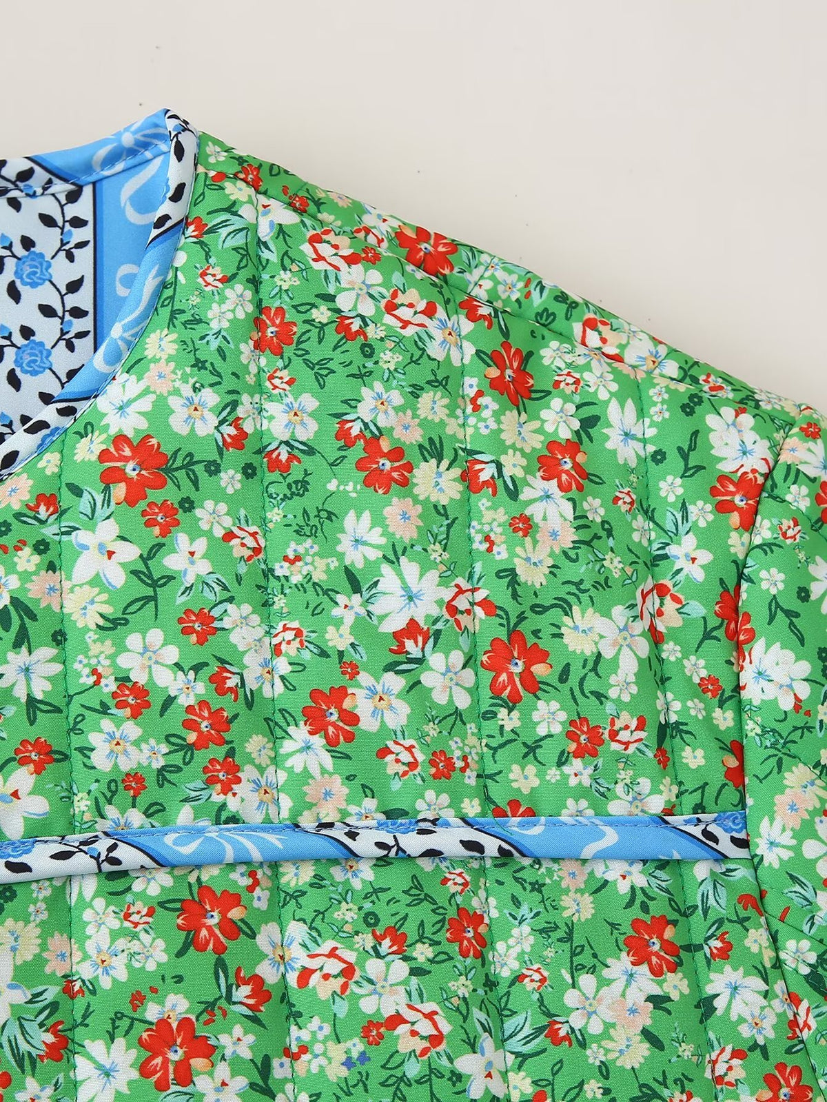 Ditsy Floral Quilted Jacket With Ribbon Trim - Green - 2