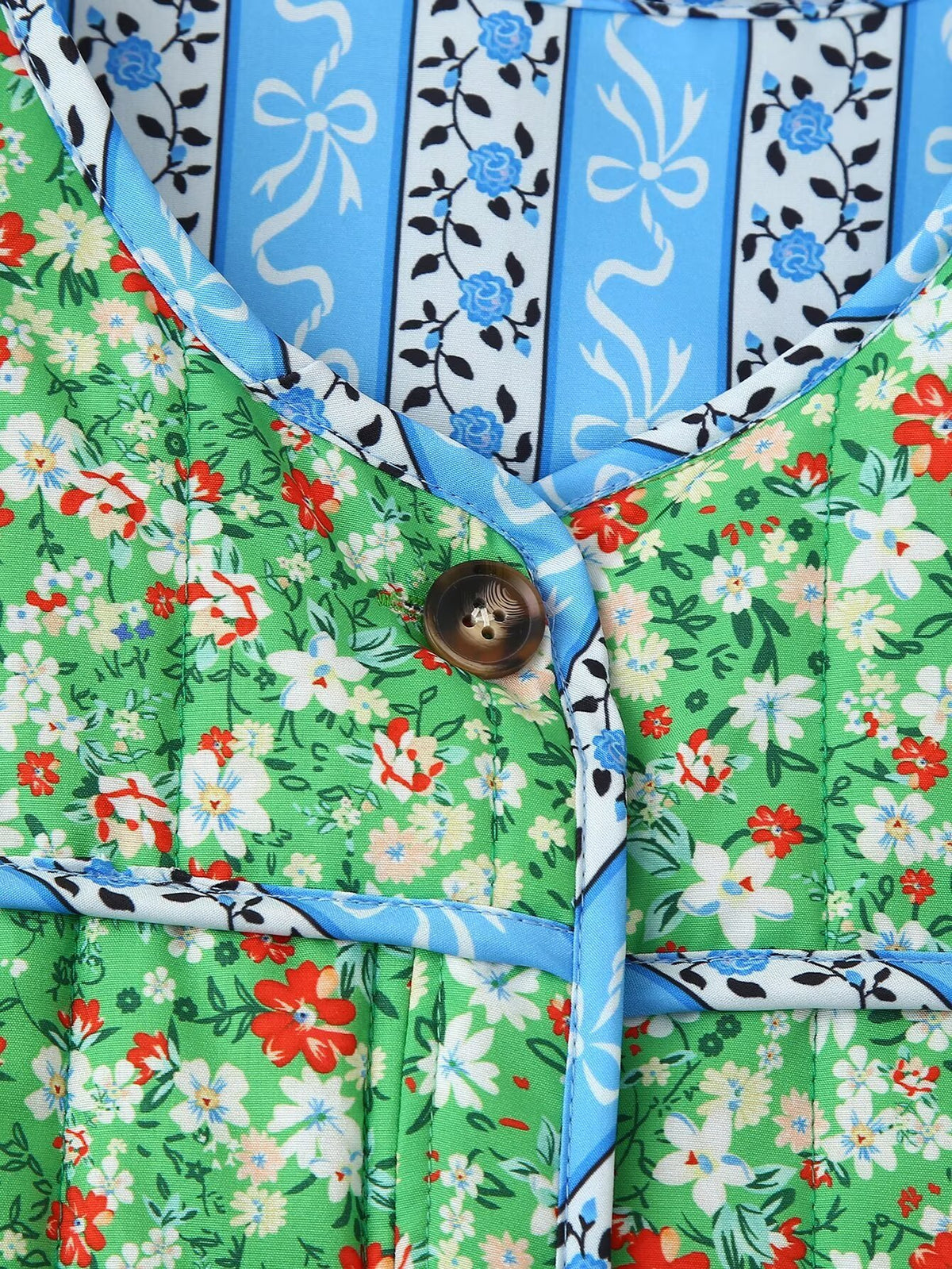 Ditsy Floral Quilted Jacket With Ribbon Trim - Green - 3