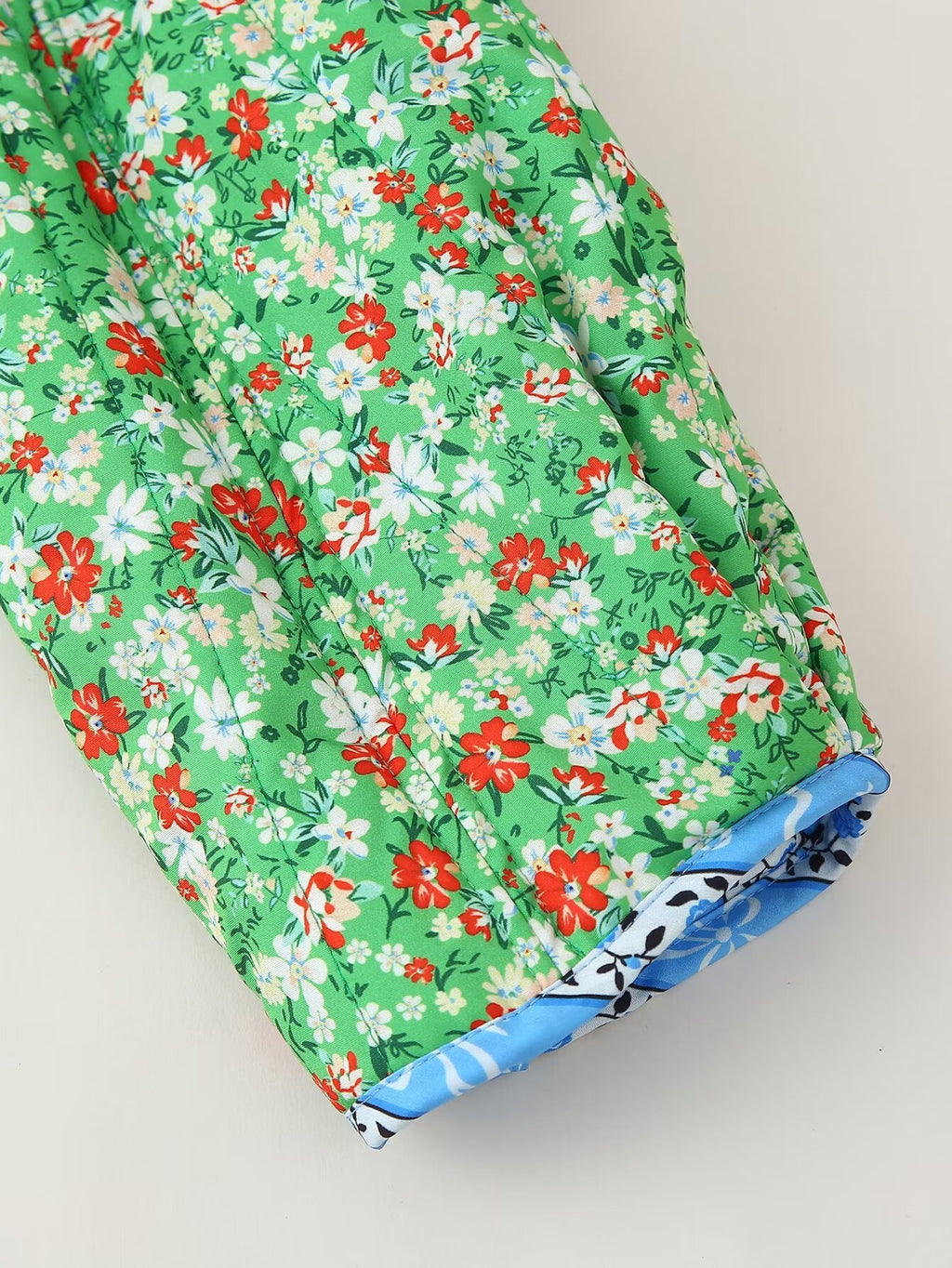 Ditsy Floral Quilted Jacket With Ribbon Trim - Green - 7