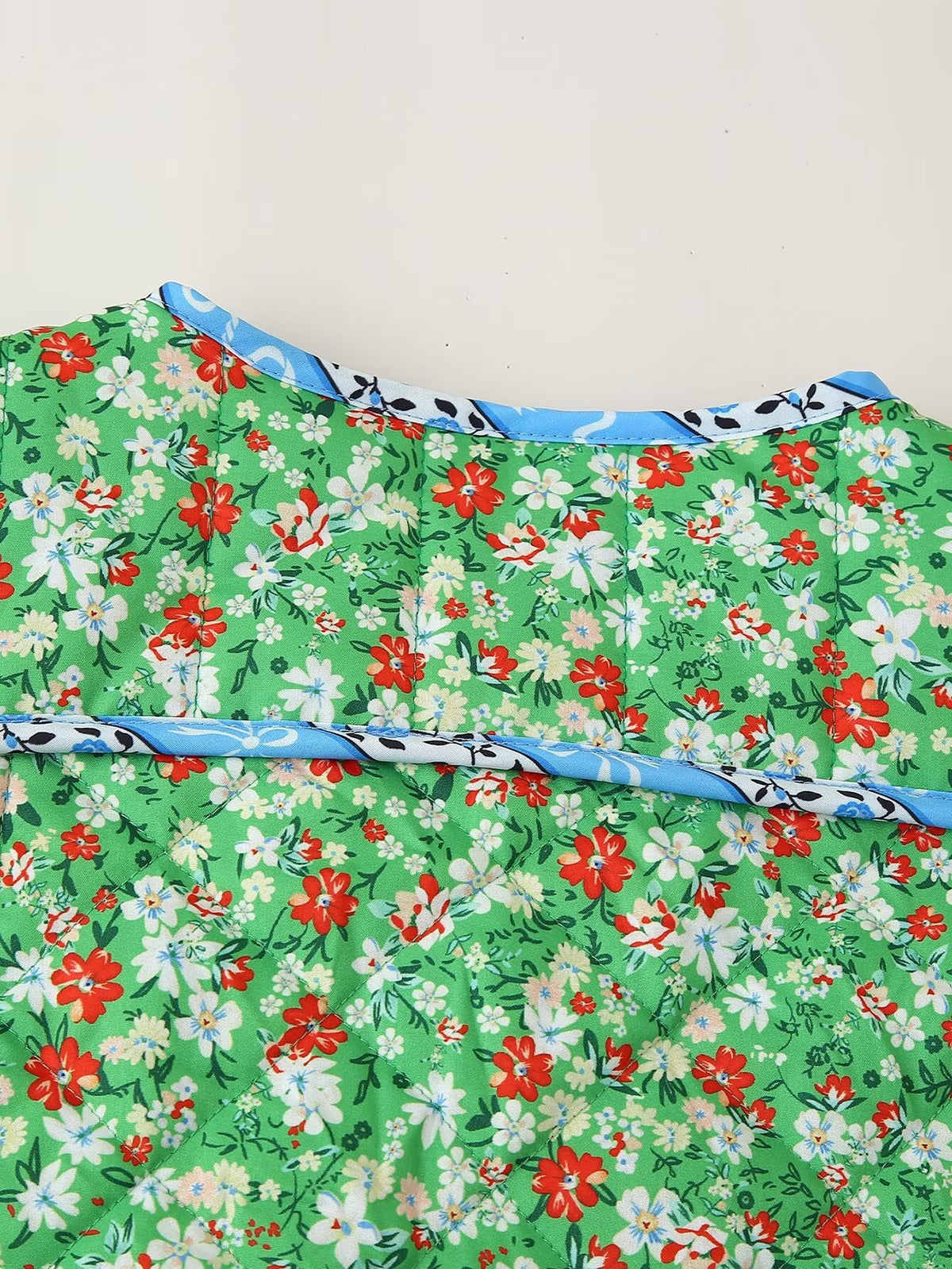 Ditsy Floral Quilted Jacket With Ribbon Trim - Green - 8