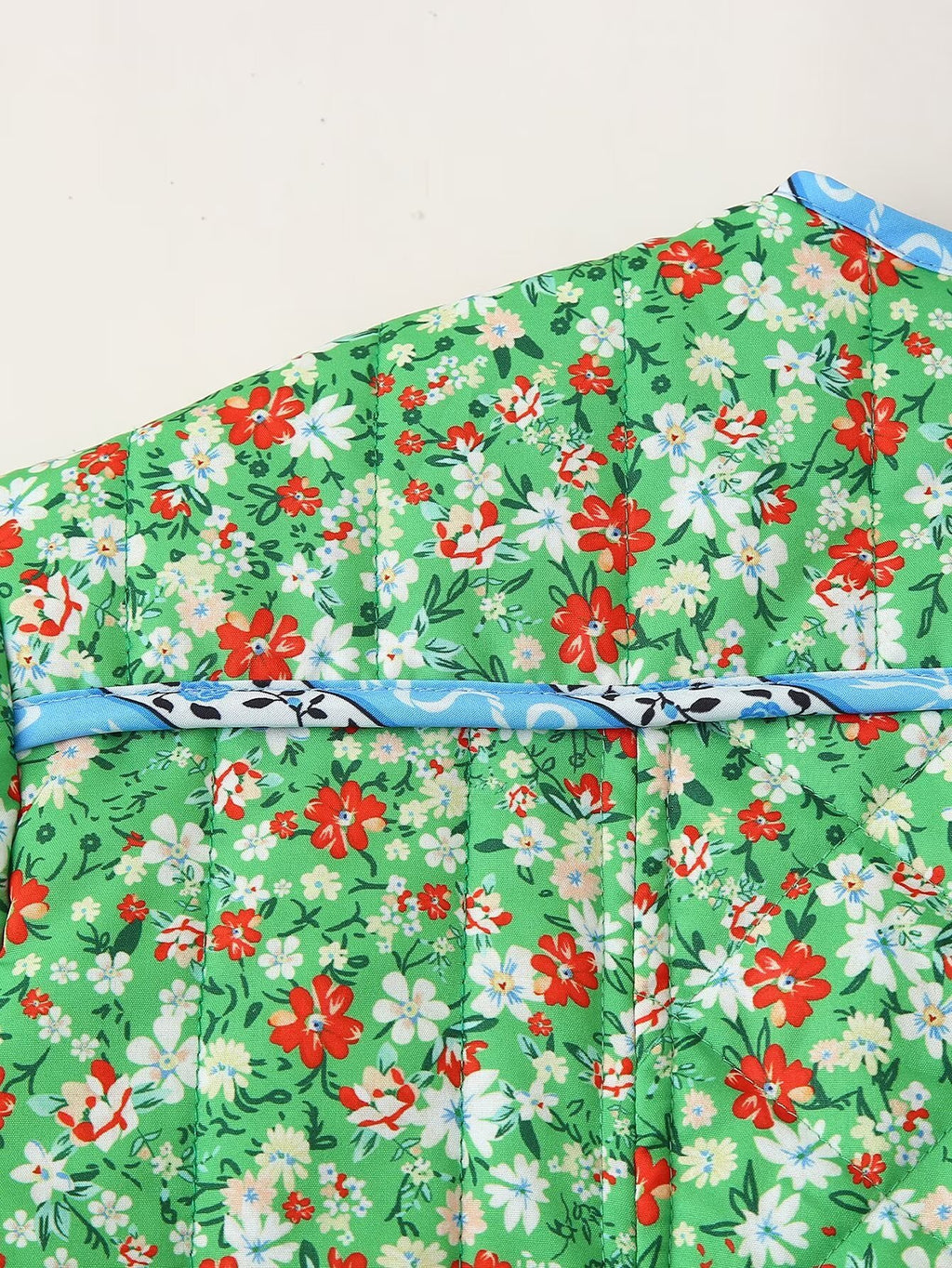 Ditsy Floral Quilted Jacket With Ribbon Trim - Green - 9