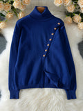 Turtleneck Diagonal Button Slit Knit Sweater - Blue