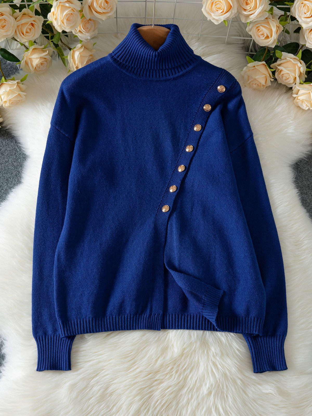 Turtleneck Diagonal Button Slit Knit Sweater - Blue