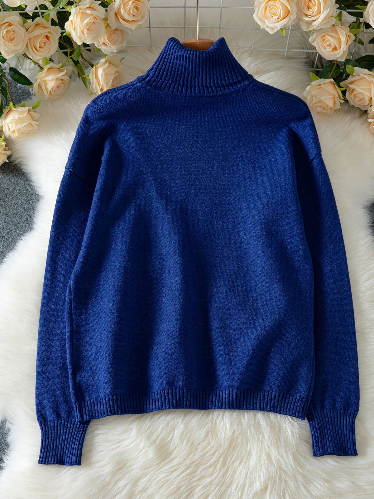 Turtleneck Diagonal Button Slit Knit Sweater - Blue - 1
