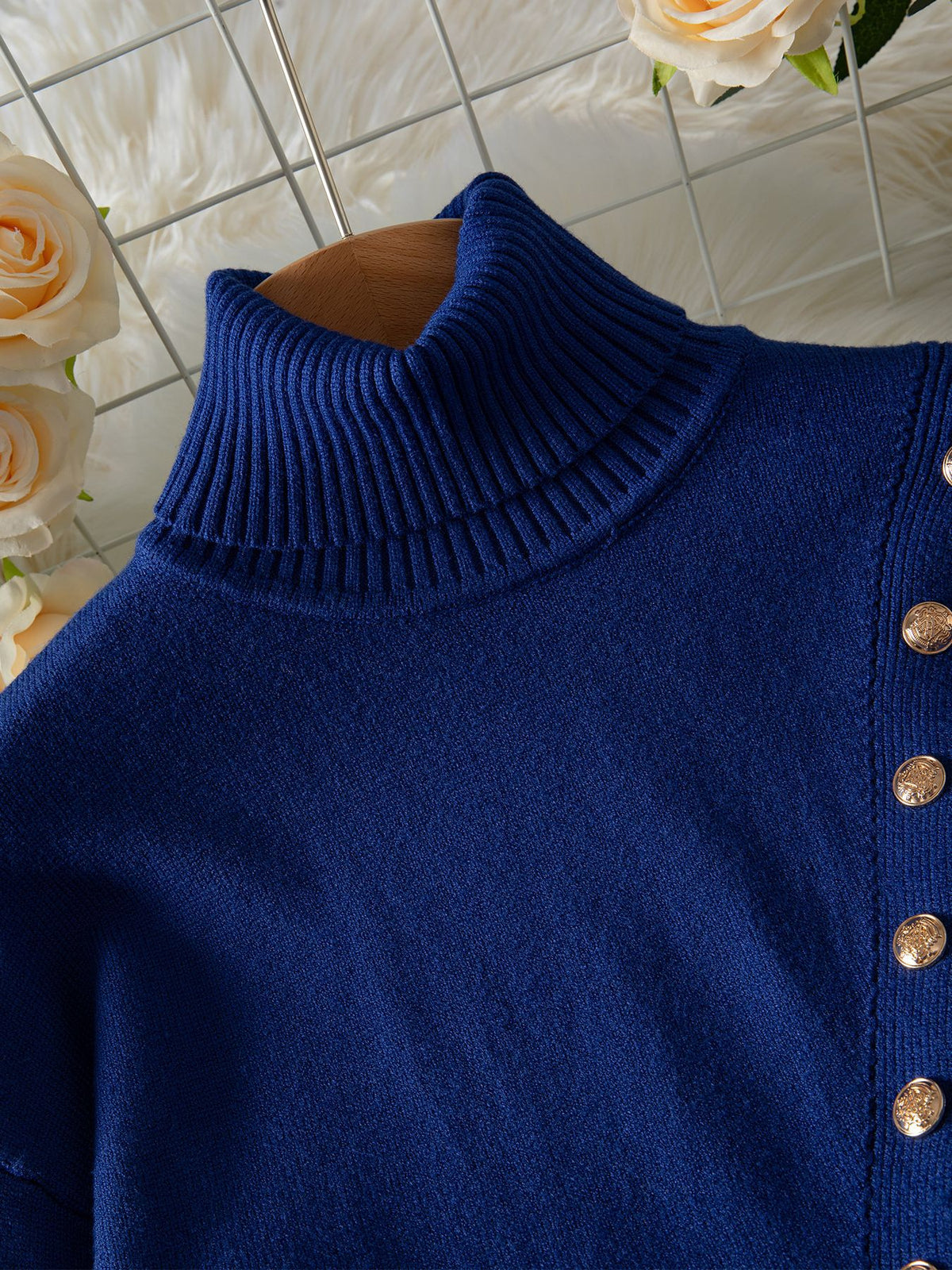 Turtleneck Diagonal Button Slit Knit Sweater - Blue - 2