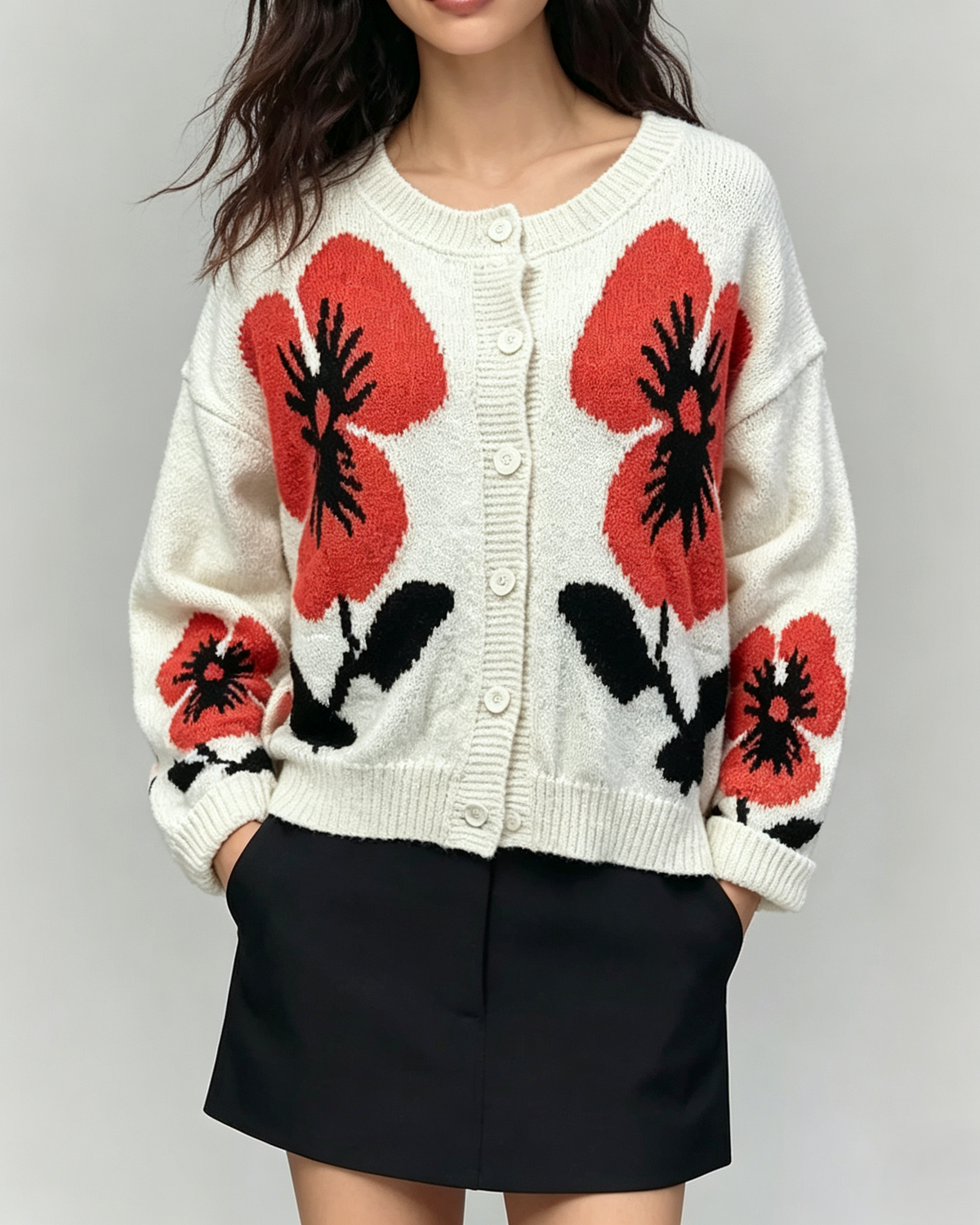Oversized Floral Intarsia Button Knit Cardigan - Red