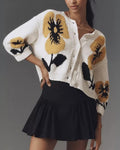 Oversized Floral Intarsia Button Knit Cardigan - Yellow