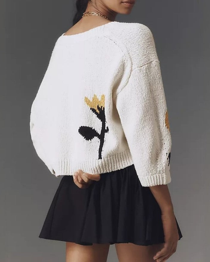 Oversized Floral Intarsia Button Knit Cardigan - Yellow - 1