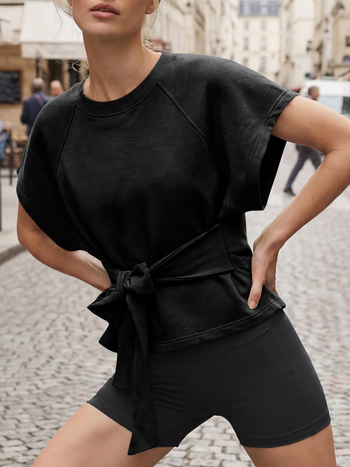 Bow Tie Waist Dolman Sleeve Tee - Black