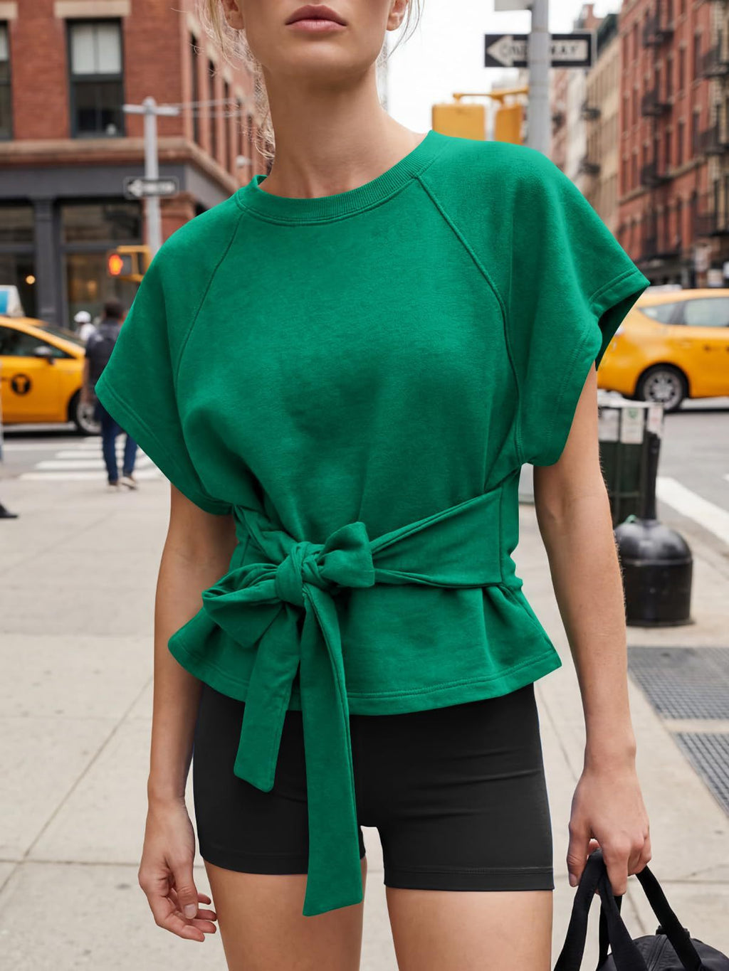 Bow Tie Waist Dolman Sleeve Tee - Green