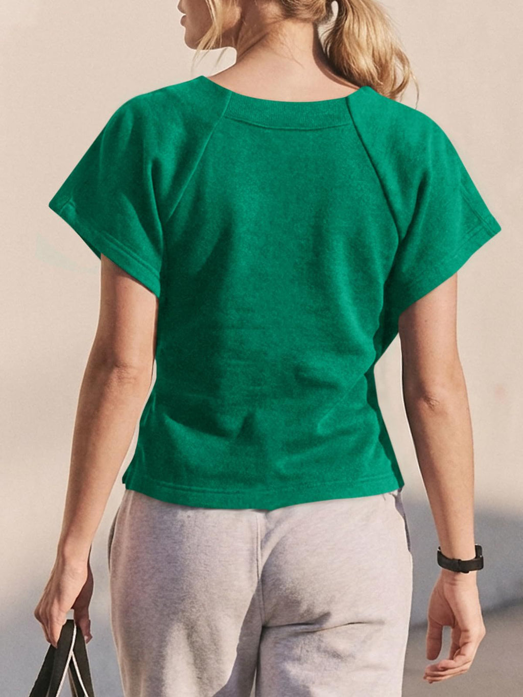 Bow Tie Waist Dolman Sleeve Tee - Green - 1