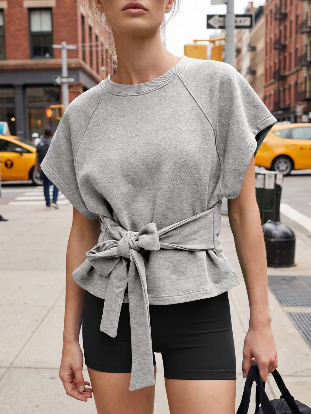 Bow Tie Waist Dolman Sleeve Tee - Grey