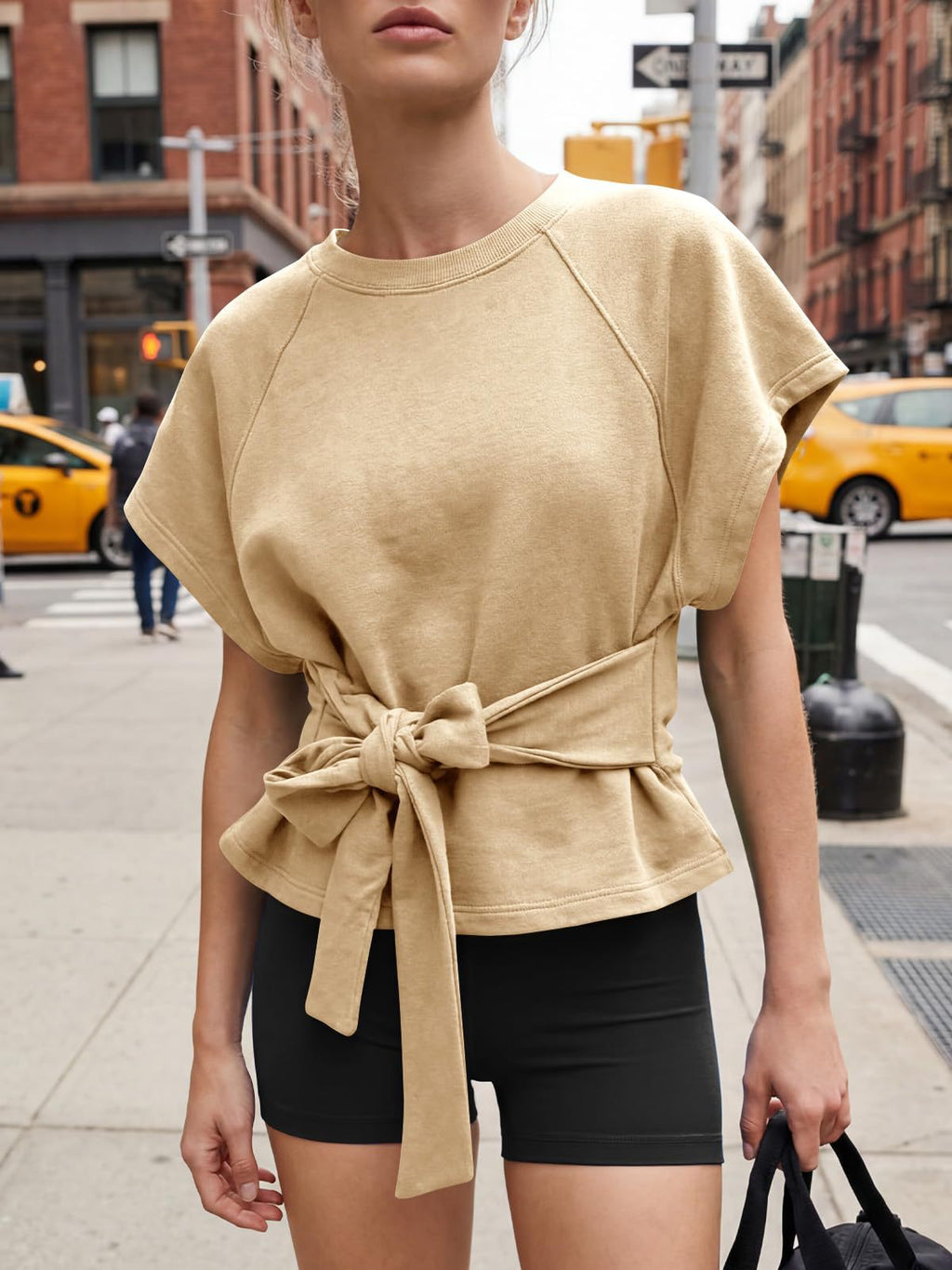 Bow Tie Waist Dolman Sleeve Tee - Khaki