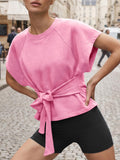 Bow Tie Waist Dolman Sleeve Tee - Pink