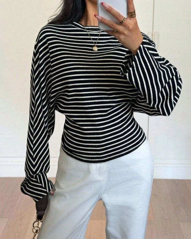 Striped Batwing Sleeve Cropped Boat Neck Tee - Black