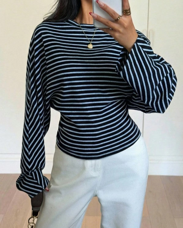 Striped Batwing Sleeve Cropped Boat Neck Tee - Blue