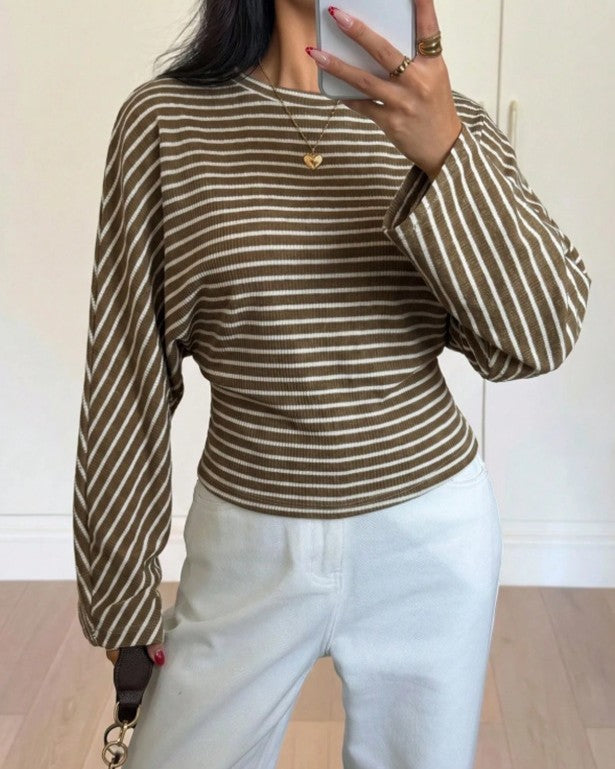 Striped Batwing Sleeve Cropped Boat Neck Tee - Brown