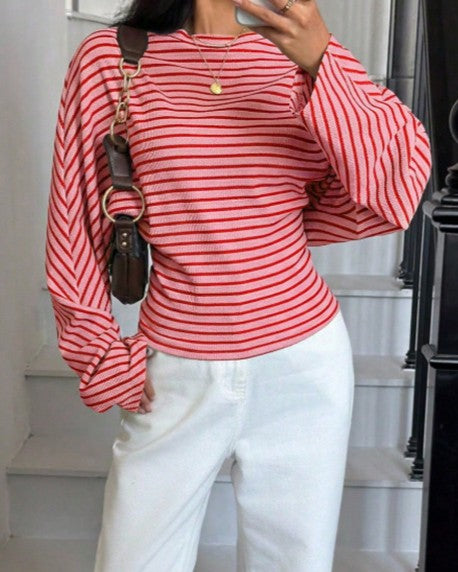 Striped Batwing Sleeve Cropped Boat Neck Tee - Pink