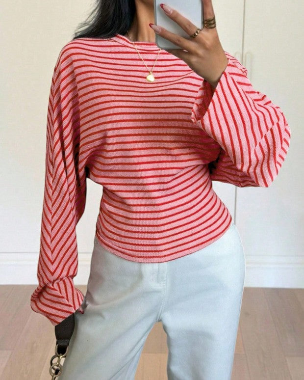Striped Batwing Sleeve Cropped Boat Neck Tee - Pink - 1