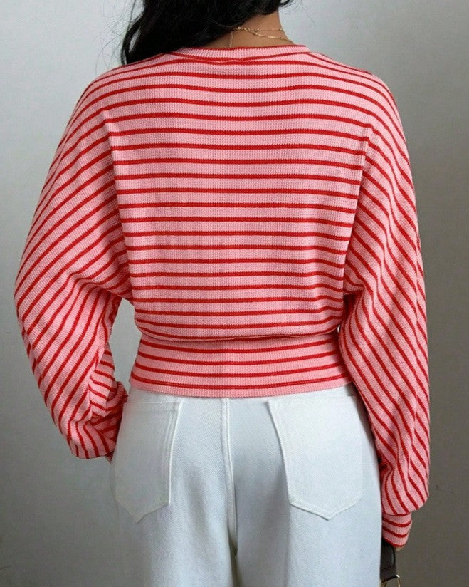 Striped Batwing Sleeve Cropped Boat Neck Tee - Pink - 2