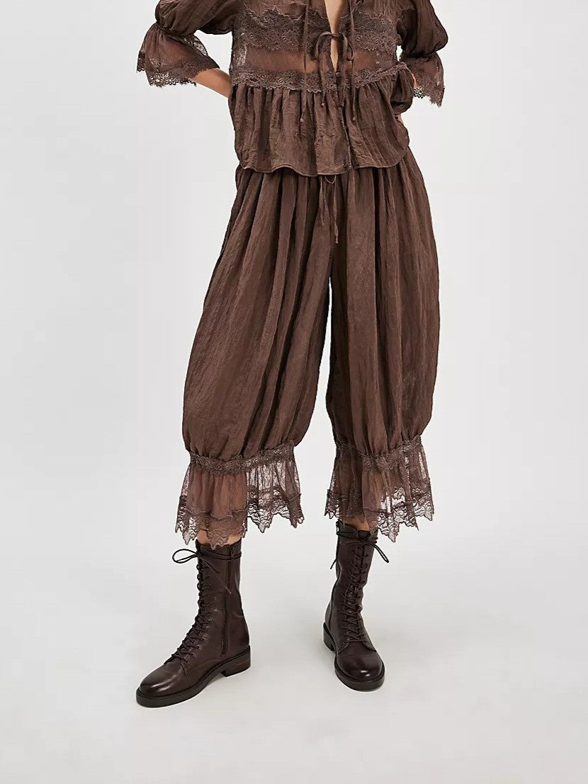 Lace Ruffle Hem Balloon Bloomer Pants - Brown