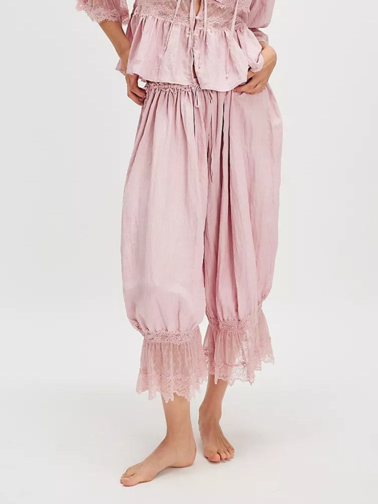 Lace Ruffle Hem Balloon Bloomer Pants - Pink