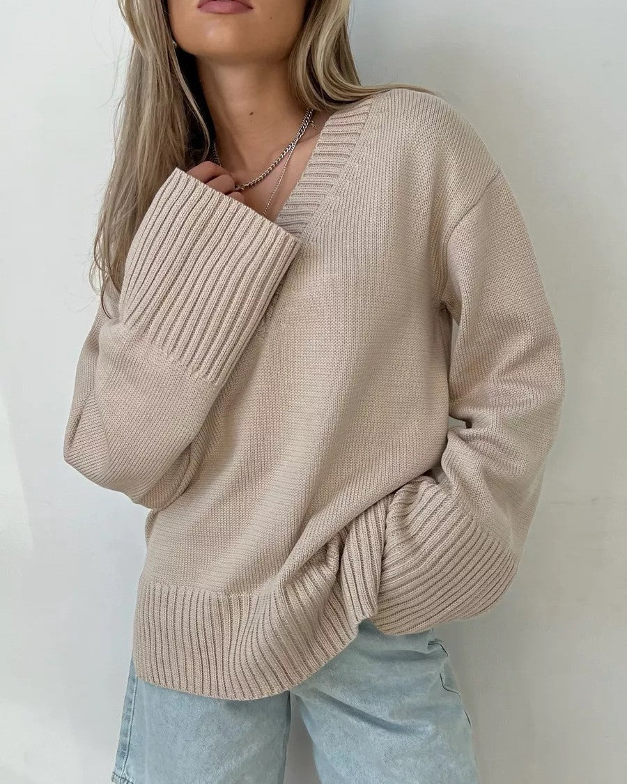 Slouchy V-Neck Drop Shoulder Pullover Sweater - Apricot