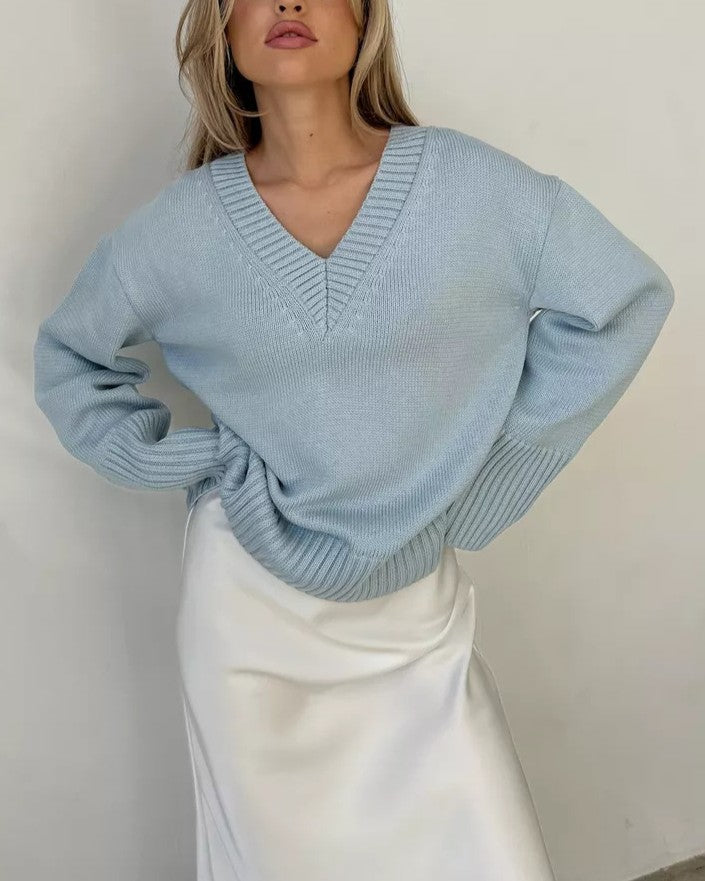 Slouchy V-Neck Drop Shoulder Pullover Sweater - Blue - 1