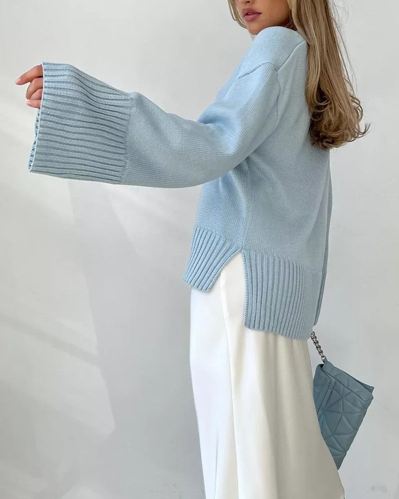 Slouchy V-Neck Drop Shoulder Pullover Sweater - Blue - 2