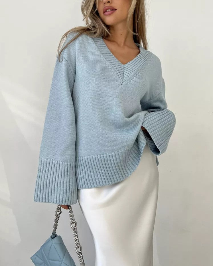 Slouchy V-Neck Drop Shoulder Pullover Sweater - Blue - 3