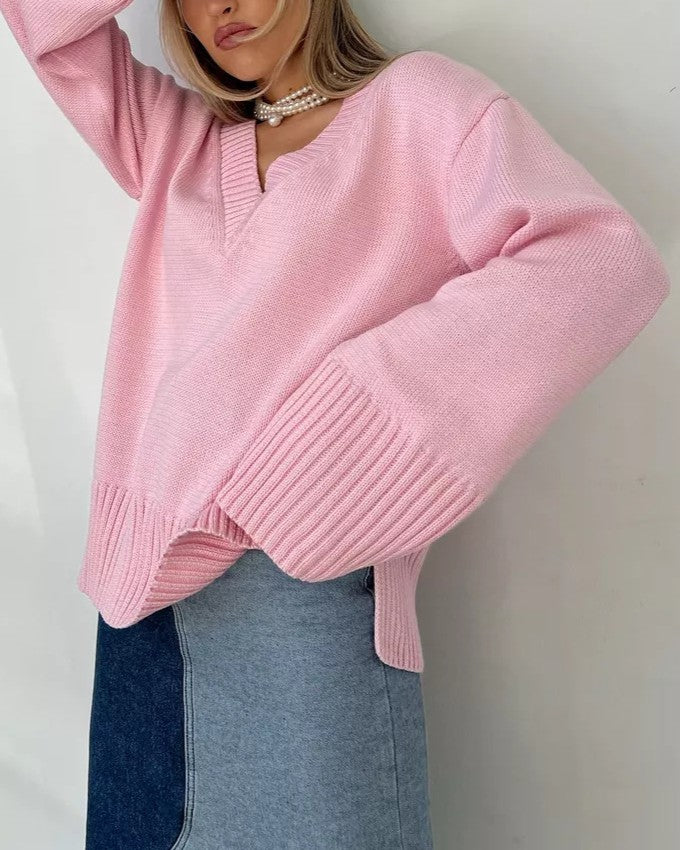 Slouchy V-Neck Drop Shoulder Pullover Sweater - Pink