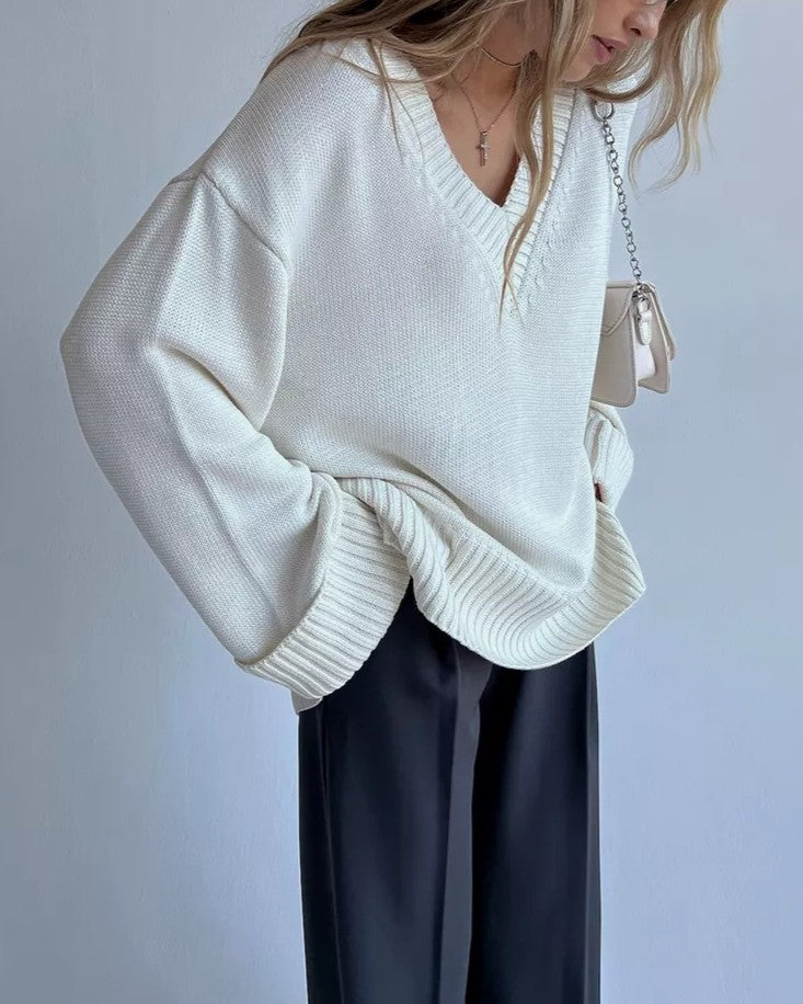 Slouchy V-Neck Drop Shoulder Pullover Sweater - White