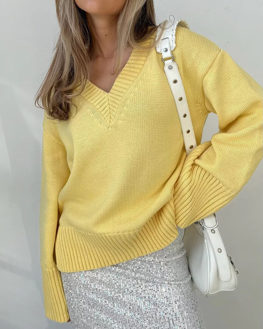 Slouchy V-Neck Drop Shoulder Pullover Sweater - Yellow