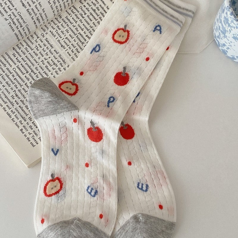 Cute Cartoon Print Ribbed Crew Socks - Apple