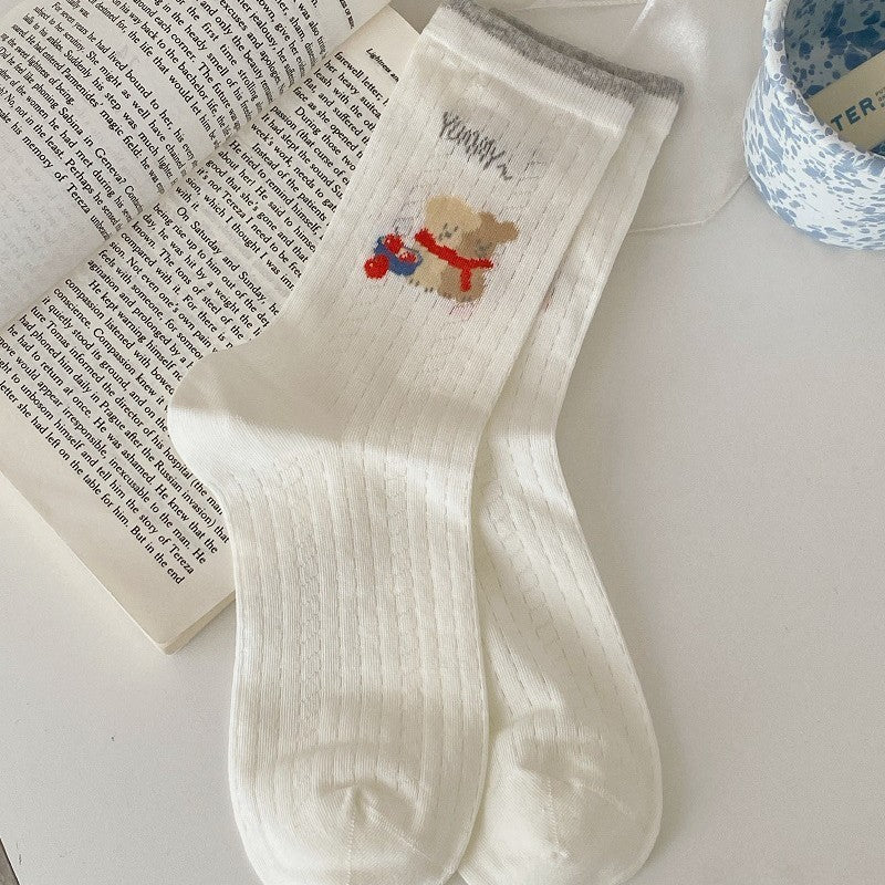 Cute Cartoon Print Ribbed Crew Socks - Dogs