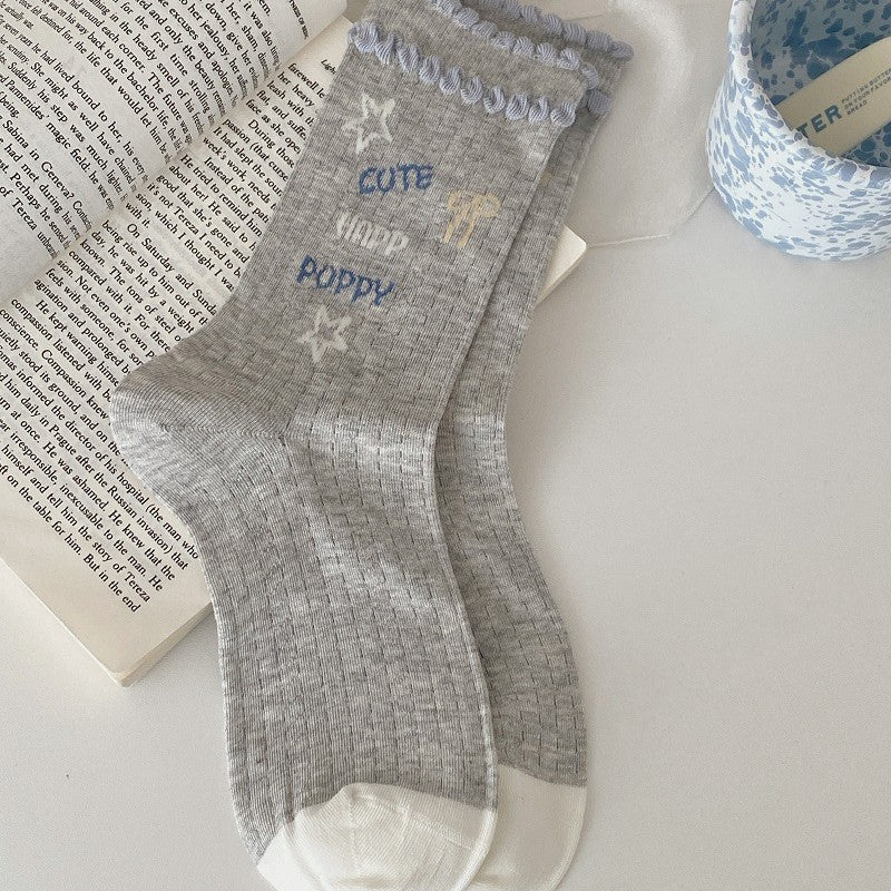 Cute Cartoon Print Ribbed Crew Socks - Gray