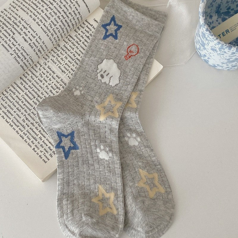 Cute Cartoon Print Ribbed Crew Socks - StarDog