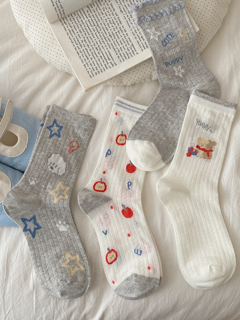 Cute Cartoon Print Ribbed Crew Socks