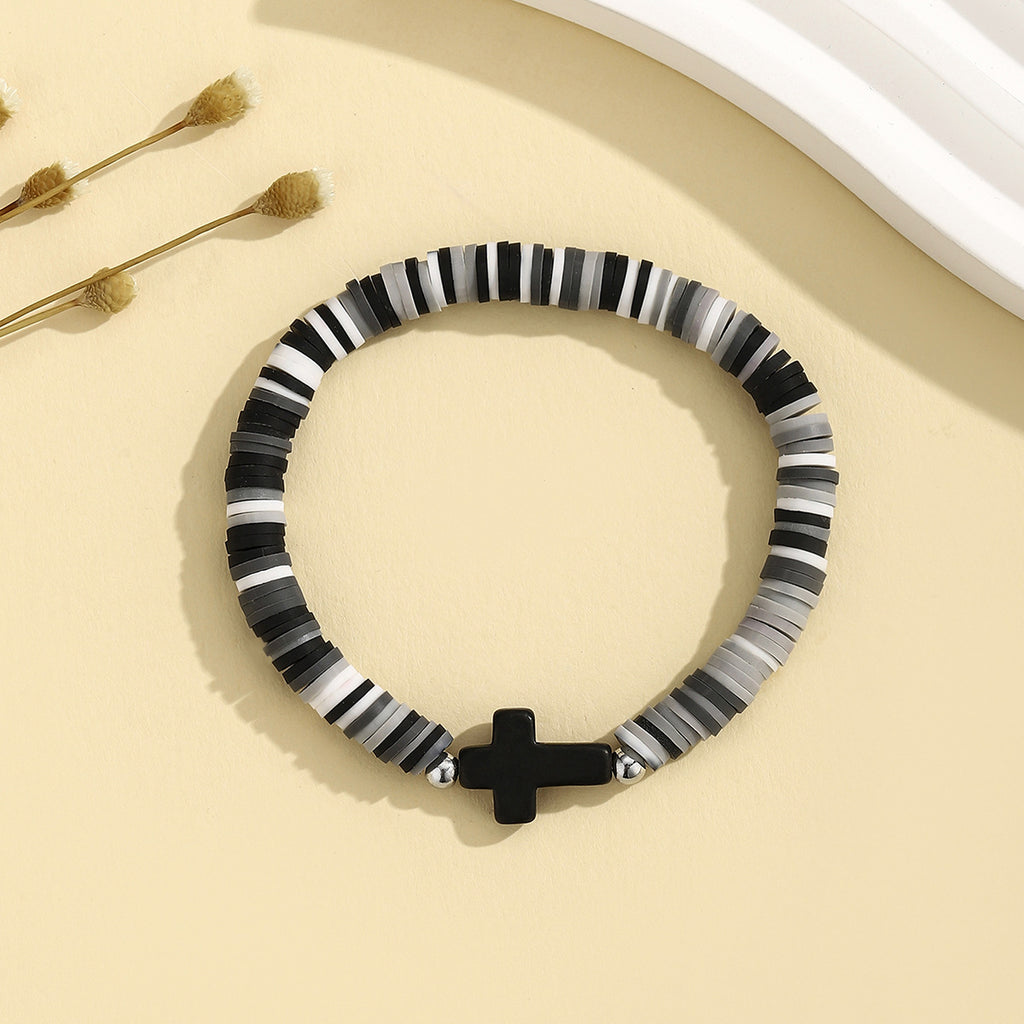 Heishi Clay Disc Bracelet with Cross Bead - Black