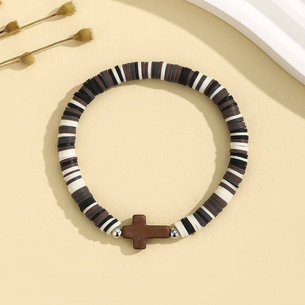 Heishi Clay Disc Bracelet with Cross Bead - Coffee