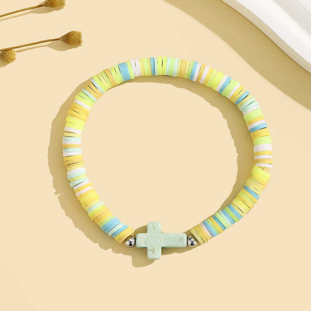 Heishi Clay Disc Bracelet with Cross Bead - LightGreen