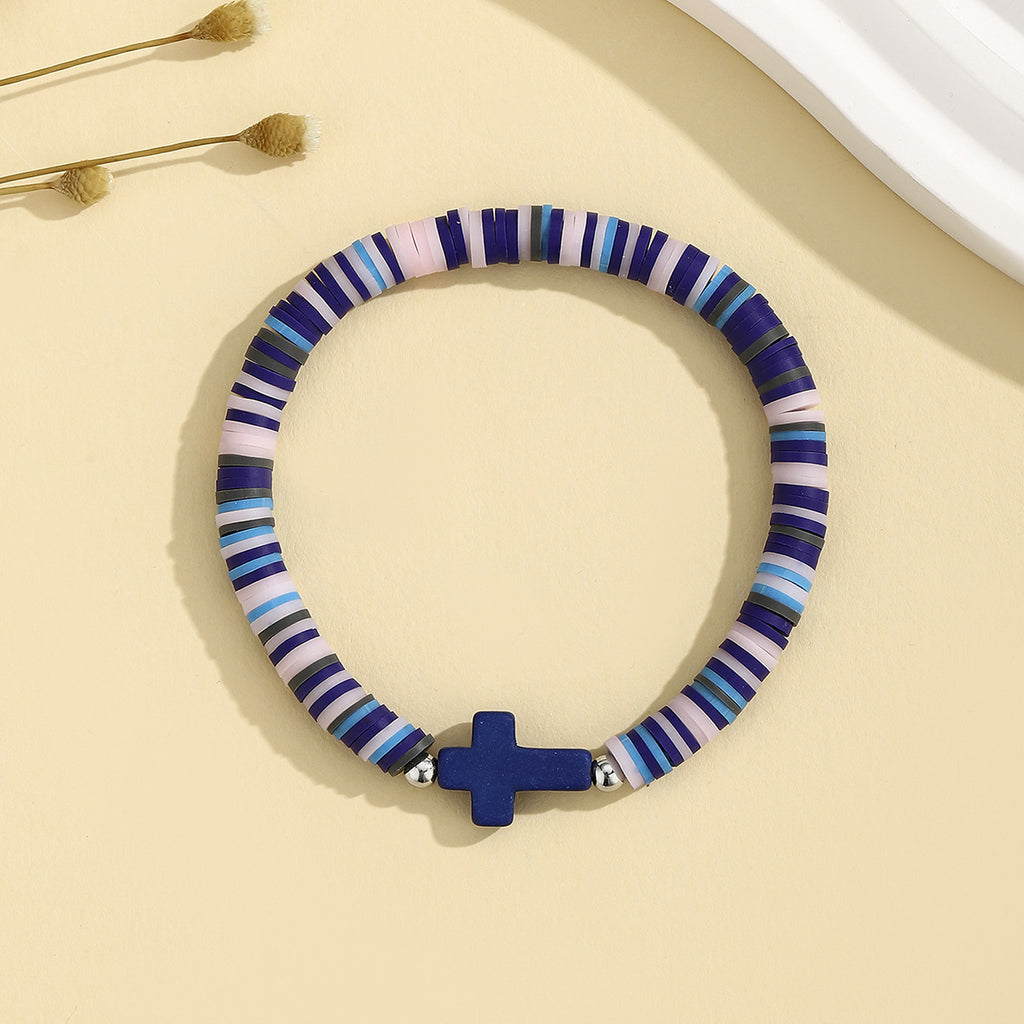 Heishi Clay Disc Bracelet with Cross Bead - Navy